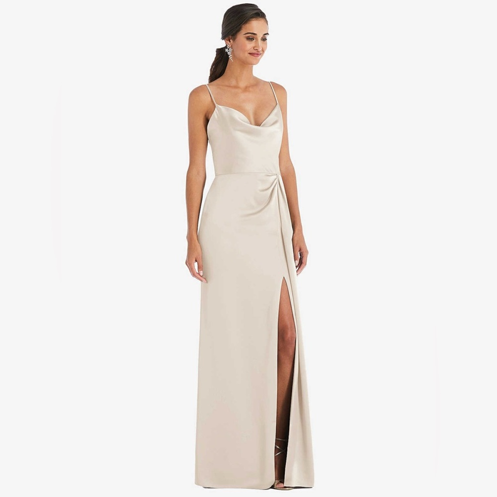 COWL-NECK DRAPED WRAP MAXI DRESS WITH FRONT SLIT. Dessy Collection